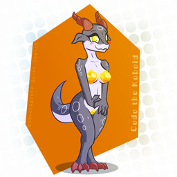 anthro armor bikini blush breasts claws clothing dotted_background female front_view halftone_background horn looking_at_viewer markings metal mostly_nude non-mammal_breasts pattern_background raised_tail ring_(marking) simple_background solo swimwear symbol tail two-piece_swimsuit dododragon56 kobold reptile scalie 1:1 cel_shading digital_media_(artwork) full-length_portrait halftone portrait shaded