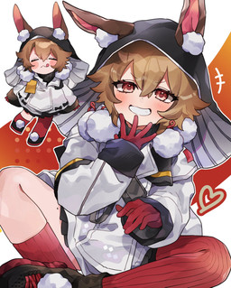 black_hood bottomwear brown_eyes clothing coat female footwear gloves handwear hood hood_up looking_at_viewer mole_on_thigh rabbit_ears red_clothing red_gloves red_handwear red_sock shoes skirt solo topwear white_clothing white_coat white_topwear pen_ueq0 arknights hypergryph studio_montagne caper_(arknights) animal_humanoid humanoid lagomorph lagomorph_humanoid leporid_humanoid mammal mammal_humanoid rabbit_humanoid hi_res