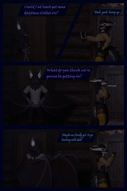 anthro arm_warmers armwear blue_body blue_eyes blue_fur bottomwear building cabin clothing dialogue female fur hoodie house leg_warmers legwear male multicolored_body multicolored_fur purple_body purple_fur scratching_neck shirt shorts t-shirt text thinking topwear white_body white_fur wings yellow_eyes flauntingfornication bat kobold mammal nardoragon scalie 2:3 3d_(artwork) absurd_res comic digital_media_(artwork) english_text hi_res brother_(lore) brother_and_sister_(lore) sibling_(lore) sister_(lore)