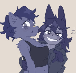 anthro blue_body blue_ears blue_eyebrows blue_eyes blue_fur blue_hair bodily_fluids breasts clothed clothed_anthro clothed_female clothing crop_top duo eyebrows female female/female female_anthro fingers front_view fur gesture hair hand_gesture hoodie medium_breasts midriff pointing shirt simple_background sleeveless_shirt smile tears topwear puppy_in_space ventura_city_drifters alina_scratch mini_(puppy_in_space) canid canine canis domestic_cat domestic_dog felid feline felis mammal 2024 digital_drawing_(artwork) digital_media_(artwork) english_description
