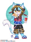 abstract_background anthro beverage biped burger chibi clothed clothing crumbs eating food fully_clothed hair inner_ear_fluff looking_down male pigtails solo standing tuft murazaki wcdonald's canid canine mammal 2019 absurd_res hi_res painting_(artwork) traditional_media_(artwork) watercolor_(artwork)