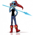 blue_body blue_skin boots clothed clothing eye_patch eyewear female footwear hair hand_on_hip melee_weapon pink_hair polearm sharp_teeth shirt shoes simple_background solo spear tank_top teeth topwear weapon white_background yellow_eyes cubewatermelon undertale undertale_(series) undyne fish marine 2015