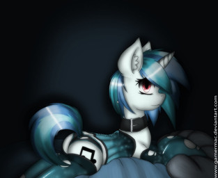 blue_hair clothing collar cutie_mark female feral fur hair horn legwear long_hair looking_at_viewer multicolored_hair panties pillow red_eyes smile solo stockings torn_clothing torn_legwear torn_stockings two_tone_hair underwear white_body white_fur gamermac friendship_is_magic hasbro my_little_pony mythology vinyl_scratch_(mlp) equid equine mammal mythological_creature mythological_equine unicorn source_request unavailable_at_source