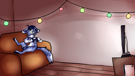 :/ ambiguous_gender anthro blue_body blue_fur controller ears_down electronics fluffy fluffy_tail fur furniture gaming green_eyes highlights_(coloring) pivoted_ears playing_video_game slim sofa solo string_lights symbol symbol_on_head symbol_on_thigh tail television white_body white_fur white_highlights yellow_sclera toxicc(toyhouse) playstation sony_corporation sony_interactive_entertainment lexps6_(character) domestic_cat felid feline felis mammal wallpaper female_(lore)