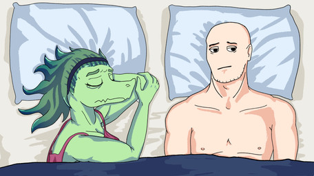 accessory anthro areola bald bedding bird's-eye_view breasts clothing duo eyelashes eyes_closed female fingers frown green_body green_hair hair hair_accessory hairband half-closed_eyes high-angle_view human_on_anthro humanoid_hands interspecies long_eyelashes long_hair looking_aside narrowed_eyes nipples non-mammal_breasts pillow red_clothing red_topwear stubble tear_trough thinking topwear under_covers sebek_fereh_ra cavemanon_studios i_wani_hug_that_gator inco_(iwhtg) olivia_halford baryonyx dinosaur human mammal prehistoric_species reptile saurischian scalie spinosaurid theropod colored hi_res shaded