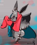 absurd_res ambiguous_gender big_butt bottomless bunihud butt clothed clothing eevee feral fur generation_1_pokemon grey_body grey_fur hi_res hoivee_(bunihud) hoodie looking_back nintendo nintendo_switch open_mouth pokemon pokemon_(species) solo standing topwear wide_hips