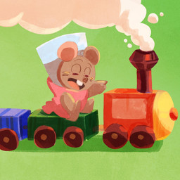 anthro biped brown_body chibi clothed clothing eyes_closed open_mouth sitting smile solo toy_train hikari_gamba gamba_no_bouken gamba_no_bouken_(series) chuuta mammal mouse murid murine rodent 1:1 2024 hi_res