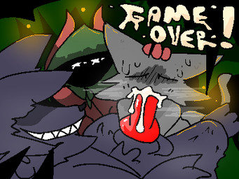 animal_genitalia animal_penis anthro blue_body blue_fur blush blushing_profusely bodily_fluids canine_genitalia canine_penis covered_eyes cum cum_in_mouth cum_inside dungeon_mauler embarrassed fellatio female forced forced_fellatio forest_background fur game_over gameplay_mechanics genital_fluids genitals group hooded_cloak kneeling_oral_position leaking_cum lying male male/female on_back oral penile penis questionable_consent sex sheath steam sweat toothy_grin trio jtlavaman cat_(jtlavaman) nymph_(jtlavaman) wulf_(jtlavaman) arthropod beetle canid canine canis domestic_cat elateroid felid feline felis firefly imp insect mammal wolf 4:3 low_res