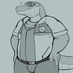 anthro clothed clothing eyewear hand_on_hip heart_symbol looking_at_viewer male solo tail smush-sin nintendo star_fox fan_character marvin_hughes_(smushysins) alligator alligatorid crocodilian reptile scalie 1:1 2023 greyscale hi_res monochrome