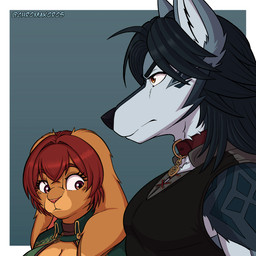 black_hair blue_eyes brown_eyes cloak clothed clothing collar female fur fur_markings g_clef grey_body grey_fur hair jewelry male markings muscular muscular_chest muscular_male musical_clef musical_symbol orange_body orange_fur pendant red_hair sleeveless_shirt stare symbol white_body white_fur chromakoros girl_staring_at_man's_chest carmela_treviso koros_whitefang canid canine canis domestic_rabbit lagomorph leporid lop_rabbit mammal oryctolagus rabbit wolf 1:1 meme