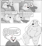 anthro balls bear blush bod canid canine canis clothed clothing comic dialogue domestic_dog duo english_text flaccid fully_clothed genitals giant_panda greyscale hi_res jakegr kanon male mammal monochrome nude overweight penetration penis romantic romantic_couple simple_background slice_of_life solo text