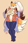 4_tails 5_fingers abs anthro big_breasts blue_clothing blue_legwear blue_thigh_highs breasts brown_background brown_body brown_fur brown_hair clothed clothing collar colored_nails digitigrade dipstick_ears dipstick_tail ear_markings feet female fingers fur gold_(metal) gold_armlet gold_collar hair heart_(marking) heart_on_body heart_symbol heterochromia legwear long_hair looking_at_viewer markings metal_collar multi_tail multicolored_body multicolored_ears multicolored_fur multicolored_hair nails orange_body orange_fur orange_hair orange_nails orange_toenails pink_eyes simple_background skimpy solo standing tail tail_markings tan_hair thick_thighs thigh_highs thong toeless_thigh_highs toenails toes two_tone_body two_tone_fur under_boob underwear wide_hips yellow_clothing yellow_eyes yellow_thong yellow_underwear jamoart akane_(candescence) canid canine fox mammal 2023 absurd_res hi_res