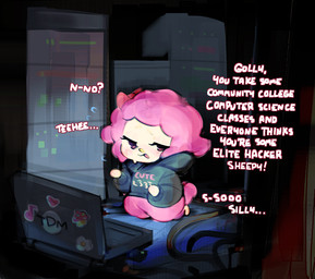 anthro bodily_fluids bottomless bottomless_anthro bottomless_female chibi clothed clothing computer electronics ellipsis emanata exclamation_point eyebrows eyelashes featureless_hands female female_anthro fur grey_clothing grey_hoodie grey_topwear hoodie kneeling laptop looking_at_viewer multicolored_body narrowed_eyes nervous open_mouth pink_body pink_fur pink_tail pink_wool question_mark short_tail solo sticker sweat tail talking_to_viewer tan_body text text_on_clothing text_on_hoodie text_on_topwear topwear two_tone_body wool_(fur) yellow_nose ligma_(artist) sanrio my_sweet_piano bovid caprine mammal sheep 2025 digital_media_(artwork) english_text full-length_portrait hi_res portrait shaded soft_shading