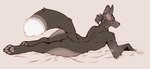 anthro bedding butt dipstick_tail hair male male_anthro markings mouth_closed narrowed_eyes nude pawpads ponytail simple_background solo tail tail_markings seraphictiger canid canine mammal hi_res monochrome