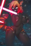 2021 anthro areola breasts detailed_background digital_media_(artwork) disney felid feline female forest genitals hi_res lightsaber lucasfilm mammal melee_weapon mika_the_cat night nipples nude outside plant pussy red_lightsaber smile star_wars tree weapon weeniewonsh