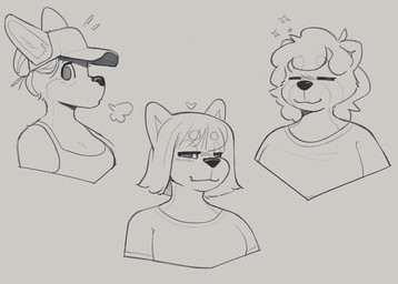 anthro baseball_cap clothing female group hat headgear headwear heart_symbol shirt smug tank_top topwear trio skidoo owen's_mom_(skidoo) ailurid canid canine canis domestic_dog fox mammal red_panda shiba_inu spitz hi_res monochrome portrait sketch mother_(lore) parent_(lore)