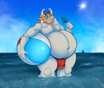 anthro asgore_dreemurr awoogasm ball beach_ball beard belly big_belly blonde_hair blue_eyes bovid caprine clothing digital_media_(artwork) eyewear eyewear_on_head facial_hair food fur goat hair hi_res horn inflatable legs_in_water long_ears male mammal navel outside overweight overweight_male partially_submerged popsicle sea sky smile solo standing standing_in_water submerged_legs sunglasses sunglasses_on_head swimwear thick_thighs tuft undertale undertale_(series) water white_body white_fur
