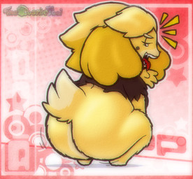 anthro big_butt bottomless butt clothed clothing crouching female fur partially_clothed sharp_teeth solo tail teeth tongue tongue_out topwear twerking yellow_body yellow_fur thecosmicfool animal_crossing nintendo isabelle_(animal_crossing) canid canine canis domestic_dog mammal shiba_inu spitz 2026