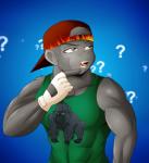 black_eyes clothing confusion doubt fur gloves grey_body grey_fur handwear hat headgear headwear humor male muscular muscular_male shirt solo tank_top topwear fire_conejo animal_strife papa_tommy ape gorilla haplorhine mammal primate hi_res