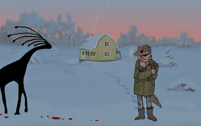 ambiguous_gender anthro blood bodily_fluids building chimney duo feral firewood house snow sunset bluekiwi101 lizard reptile scalie