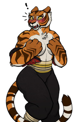 anthro big_breasts black_bottomwear black_clothing black_eyes black_nose black_pants bottomwear breasts brown_stripes clothed clothing covering covering_breasts embarrassed exclamation_point eyelashes female front_view fur looking_at_viewer markings open_mouth orange_body orange_fur pants simple_background solo striped_markings striped_tail stripes tail tail_markings thick_thighs topless white_background white_body white_fur wide_hips yellow_sclera nagibator dreamworks kung_fu_panda master_tigress felid mammal pantherine tiger