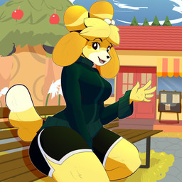big_breasts blush blush_stickers bottomwear breasts clothing detailed_background eyelashes female gesture hotpants long_eyelashes looking_at_viewer shorts sitting solo sweater thick_thighs topwear waving waving_at_viewer waving_hand teebll animal_crossing nintendo isabelle_(animal_crossing) canid canine canis domestic_dog mammal shih_tzu toy_dog 1:1 absurd_res hi_res