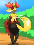 ambiguous_gender anthro blush bottomwear butt clothed clothing clothing_lift eyes_closed inner_ear_fluff pseudo_clothing skirt skirt_lift solo tail tail_motion tailwag tuft moroq nintendo pokemon canid canine delphox generation_6_pokemon mammal pokemon_(species) 3:4