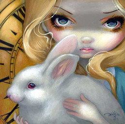 ambiguous_gender blonde_hair blue_clothing clothed clothing duo eyebrows eyelashes female feral fur hair lips long_hair looking_at_viewer makeup pale_skin pink_lips pupils red_eyes thin_eyebrows white_body jasmine_becket-griffith alice_in_wonderland alice_(alice_in_wonderland) human lagomorph leporid mammal rabbit 2011 dated formal_art low_res painting_(artwork) traditional_media_(artwork) traditional_painting_(artwork)