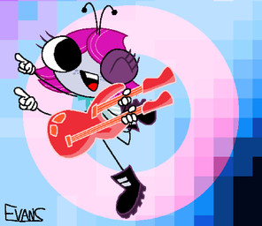 4_arms antennae_(anatomy) anthro boots clothing double-neck_guitar electric_guitar female footwear freckles gloves grey_body grey_skin guitar hair handwear holding_guitar holding_musical_instrument holding_object insect_wings multi_arm multi_limb musical_instrument one_eye_closed pink_hair plucked_string_instrument purple_boots purple_clothing purple_footwear red_guitar shoes solo string_instrument white_clothing white_gloves white_handwear wings wink evans disney the_buzz_on_maggie maggie_pesky arthropod fly_(animal) insect