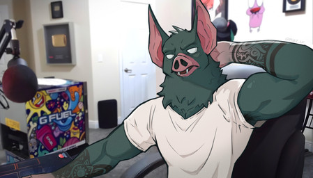 anthro arm_tattoo armpit_hair athletic bat_ears body_hair chair clothing dark_body dark_fur electronics fangs forearm_tattoo forearms fur furniture looking_at_viewer male microphone office_chair photo_background pointy_ears scratching_head shirt solo tattoo teeth topwear voice_actor_joke white_clothing white_eyes white_shirt white_topwear misterbunny56 dispatch g_fuel youtube cr1tikal penguinz0 sonar_(dispatch) bat mammal hi_res photography_(artwork)