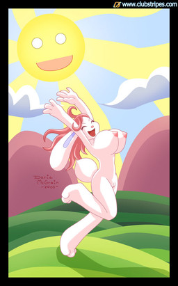 anthro biped breasts eyes_closed female fur genitals hair long_hair nipples red_hair solo standing stretching sun text vulva white_body white_fur daria_mcgrain clubstripes lagomorph leporid mammal rabbit 2005 digital_media_(artwork) url