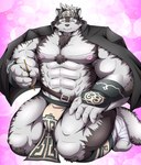 abs accessory anthro bandage bandaged_leg belt big_muscles big_pecs black_body black_fur bottomwear bulge clothed clothing coat_cape eyes_closed food fur gloves handwear headband loincloth male multicolored_body multicolored_fur muscular muscular_anthro muscular_male nipples open_clothing open_shirt open_topwear pecs shirt smile solo topwear white_body white_fur chocobo4869 chocobo_(pixiv) lifewonders pocky tokyo_afterschool_summoners horkeu_kamui_(tas) canid canine canis mammal wolf