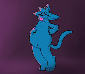 ambiguous_gender anthro belly big_belly blush bodily_fluids duo fur hair male male/male nude oral_vore simple_background smile submissive submissive_male tail tongue vore canguuro canid canine canis domestic_cat domestic_dog felid feline felis mammal hi_res