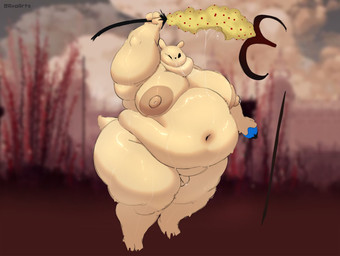 anthro balls big_butt big_moobs black_eyes black_nose bodily_fluids brown_nipples butt food fruit genitals holding_food holding_fruit holding_object huge_butt lactating larger_but_small male male_lactation melee_weapon moobs navel nipples nude obese obese_anthro obese_male outside overweight overweight_anthro overweight_male penis plant polearm pose saliva saliva_string small_balls small_penis solo spear standing sweat tail tan_body tan_ears tan_tail text thick_thighs three-quarter_view weapon axoarts rain_world videocult gourmand_(rain_world) slugcat 2026 artist_name digital_media_(artwork) hi_res
