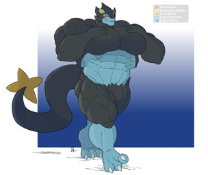 abs anthro biceps big_muscles big_pecs cracked_ground cracks glowing glowing_eyes huge_muscles looking_at_pecs male muscular muscular_anthro muscular_arms muscular_legs muscular_male muscular_thighs navel paws pecs smug solo tail thick_arms thick_neck thick_tail touching_pecs walking conditional_dnp dischimera nintendo pokemon generation_4_pokemon luxray pokemon_(species)