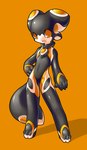 black_body hand_on_hip looking_at_viewer machine male open_mouth orange_background orange_eyes simple_background solo standing tail totem.v tysontan vi android robot source_request