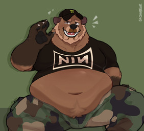 anthro baseball_cap beard belly belly_overhang belly_peeking_out blonde_beard blonde_facial_hair bottomwear bulge camo camo_bottomwear camo_clothing camo_pants camo_print clothed clothing facial_hair fangs front_view fully_clothed gesture green_background hat headgear headwear looking_at_viewer male monster_energy_logo moobs overweight overweight_anthro overweight_male pants pattern_bottomwear pattern_clothing pattern_pants pawpads piercing simple_background sitting solo spread_legs spreading teeth tongue tongue_piercing waving baconbearart monster_energy nine_inch_nails brandy_(brandybigbear) bear brown_bear grizzly_bear mammal ursine 2025 hi_res