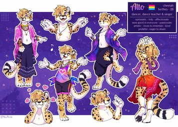4_toes 5_fingers anklet anthro beaded_jewelry beads biped black_bottomwear black_clothing black_nose black_pants black_spots blush bottomwear bracelet clothed clothing countershade_face countershade_torso countershading crossdressing dancing ear_markings ear_piercing ear_ring eye_markings eyebrows eyelashes feet femboy fingers fur gold_(metal) hair happy harem_pants heart_symbol inner_ear_fluff jewelry lgbt_pride looking_at_viewer makeup male markings multicolored_clothing musical_note musical_symbol navel necklace offering_hug open_mouth open_smile oversized_clothing pansexual_pride_colors pants pawpads piercing pink_clothing pink_topwear ponytail pride_colors purple_clothing purple_eyes ring_piercing scarf shirt short_hair shorts simple_background singing skimpy smile solo spots spotted_body standing star striped_markings striped_tail stripes symbol tail tail_markings tank_top teeth text tie-dye toes topless topless_male topwear tuft yellow_body yellow_fur noviraine alto_(noviraine) cheetah felid feline mammal 2025 digital_media_(artwork) english_text signature sketch_page
