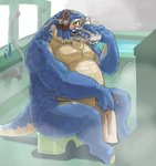 anthro bathroom belly blue_body blush detailed_background elderly facial_hair inside kemono male mature_male nude overweight overweight_anthro overweight_male solo towel leoponleopon final_fantasy final_fantasy_xii square_enix migelo bangaa scalie 2007