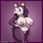 anthro big_breasts blush breasts eyeliner female fur half-closed_eyes hand_on_breast holding_breast huge_breasts makeup narrowed_eyes nipples nude purple_background purple_body purple_fur simple_background smile solo standing thick_thighs wide_hips spocky87 animal_crossing nintendo label_able eulipotyphlan hedgehog mammal hi_res