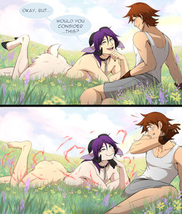 anthro blush blush_lines bodily_fluids body_modification bottomwear brown_hair butt chain chain_leash clothed clothing collar dialogue duo ear_piercing ear_ring field field_background flinch flinching flower gloves green_eyes hair handwear heterochromia hooves horn leash lying magic magic_effects magical_transformation male meadow nature nature_background nude on_front one_leg_up outdoor_nudity outside piercing plant purple_hair rainbow raised_leg ring_piercing shapeshift shielding_eyes shifting shirt shocked shorts speech_bubble sweat sweatdrop tail tank_top text topwear transformation wide_eyed seyumei keith_(seyumei) sky_(seyumei) bovid caprine demon goat human mammal satyr comic english_text multiple_scenes