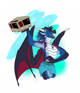 anthro blue_body bottomwear claws clothed clothing horn jewelry male membrane_(anatomy) membranous_wings necklace open_mouth shorts solo teeth topless wings mordorinka scalie hi_res