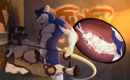 anal anal_orgasm anal_penetration anthro anthro_on_anthro anthro_penetrated anthro_penetrating anthro_penetrating_anthro balls belly between_legs big_belly black_leash black_nose blue_body blue_fur bodily_fluids brown_balls brown_body brown_fur collar cum cum_in_ass cum_inside cumshot duo ear_piercing ear_ring ejaculation fangs fur genital_fluids genitals green_collar grin hands-free leash leash_pull looking_pleasured male male/male male_penetrated male_penetrating male_penetrating_male narrowed_eyes nude open_mouth orgasm penetration penile penile_penetration penis penis_in_ass piercing ring_piercing sex smile spread_legs spreading tan_body tan_fur teeth tongue tongue_out vein veiny_penis white_balls white_body white_fur ninetht african_wild_dog canid canine mammal murid murine rat rodent hi_res