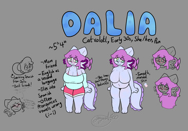 anthro belly big_breasts bottomwear bra breasts clothed clothing dolphin_shorts eyewear female glasses green_eyes hair looking_at_viewer multicolored_eyes nude pink_body shirt shorts simple_background smile solo tail text thick_thighs topwear two_tone_eyes underwear gazaster dalia_(gazaster) amphibian aquatic axolotl felid feline hybrid mammal mole_salamander salamander 2025 digital_media_(artwork) english_text hi_res model_sheet signature
