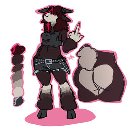 anthro bangs belt bottomwear brown_body brown_fur brown_hair butt clothing denim denim_bottomwear denim_clothing denim_shorts female fur gesture hair hand_gesture horn middle_finger multicolored_body multicolored_fur shorts solo tan_body tan_fur topwear torn_clothing torn_topwear wool_(fur) appelsaus bovid caprine domestic_sheep mammal sheep valais_blacknose 2025 model_sheet