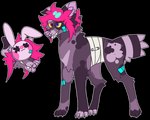 ambiguous_gender band-aid band-aid_on_arm band-aid_on_cheek band-aid_on_face band-aid_on_leg bandage bandage_on_face blue_eyes claws digitigrade eyebrows feral feral_with_hair fur grey_body grey_fur grin hair half-closed_eyes heterochromia inner_ear_fluff mask narrowed_eyes one_ear_up outline paws pink_hair purple_inner_ear purple_inner_ear_fluff purple_nose red_eyes short_tail simple_background smile snout solo tail teeth torso_wraps transparent_background tuft whisker_spots white_outline yellow_sclera jaspering canid canine canis domestic_dog mammal 2019 alpha_channel digital_drawing_(artwork) digital_media_(artwork) flat_colors model_sheet