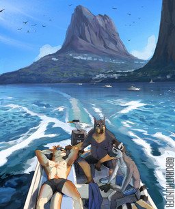 anthro arm_tattoo armpit_hair athletic athletic_anthro athletic_male backwards_hat boat body_hair chest_tuft clothed clothing cloud feral footprint fur furgonomic_hat furgonomic_headwear furgonomics group hat headgear headwear lying male markings motorboat_(boat) nature nature_background nipples on_back outside overweight overweight_anthro overweight_male pawprint pawprint_tattoo scenery shorts_only shoulder_tattoo sitting sky striped_markings striped_tail stripes tail tail_markings tattoo text topless topless_anthro topless_male trio tuft vehicle water watercraft wearing_hat wearing_sunglasses borkthunder alex_(borkthunder) dante_(borkthunder) ambient_bird avian bird canid canine canis dobermann domestic_dog kangaroo lemur macropod mammal marsupial pinscher primate strepsirrhine 2025 artist_name hi_res