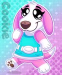 anthro black_eyes blue_clothing bottomless brown_nose clothed clothing eyebrows eyelashes female gloves_(marking) leg_markings markings multicolored_body pawpads pink_body smile socks_(marking) solo two_tone_body walking white_body wienerdogworks animal_crossing nintendo cookie_(animal_crossing) beagle canid canine canis domestic_dog hunting_dog mammal scent_hound 2022 digital_drawing_(artwork) digital_media_(artwork) full-length_portrait hi_res portrait