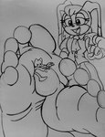 5_toes anthro between_feet duo extreme_size_difference feet female foot_fetish foot_focus foot_play low-angle_view macro male male/female micro size_difference soles toes chchellyme sega sonic_the_hedgehog_(series) vanilla_the_rabbit lagomorph leporid mammal rabbit hi_res monochrome sketch