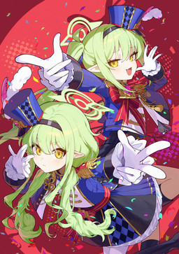 alternate_costume bent_over blue_bottomwear blue_clothing blue_hat blue_headwear blue_jacket blue_skirt blue_topwear blush bottomwear bow_(feature) clothing cute_fangs duo fangs female gloves green_hair hair hair_between_eyes halo handwear hat headgear headwear heart_tail jacket kerchief long_hair open_mouth pointy_ears pose prick_ears ribbons skirt standing tail teeth topwear white_clothing white_gloves white_handwear yellow_eyes young young_female young_humanoid pellas blue_archive nexon hikari_(blue_archive) nozomi_(blue_archive) demon demon_humanoid humanoid tailed_humanoid absurd_res hi_res